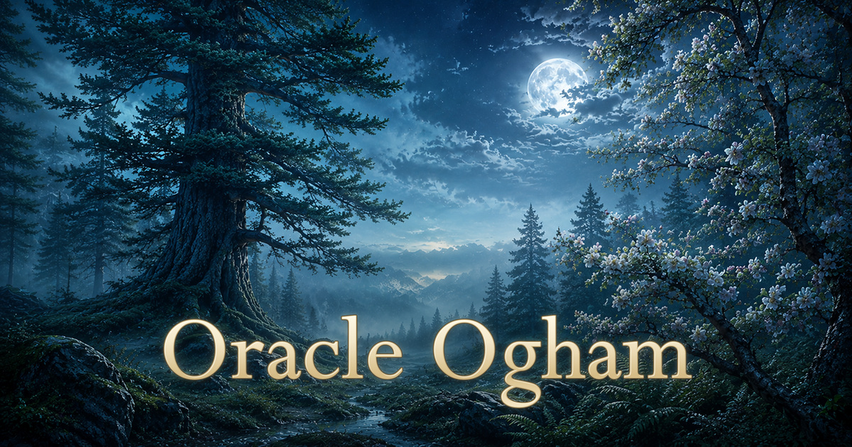 Un bosquet celtique au clair de lune avec le titre Oracle Ogham