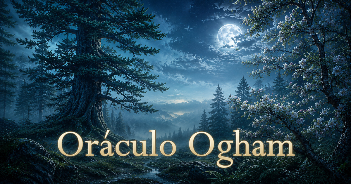 Um bosque celta ao luar com o título Oráculo Ogham
